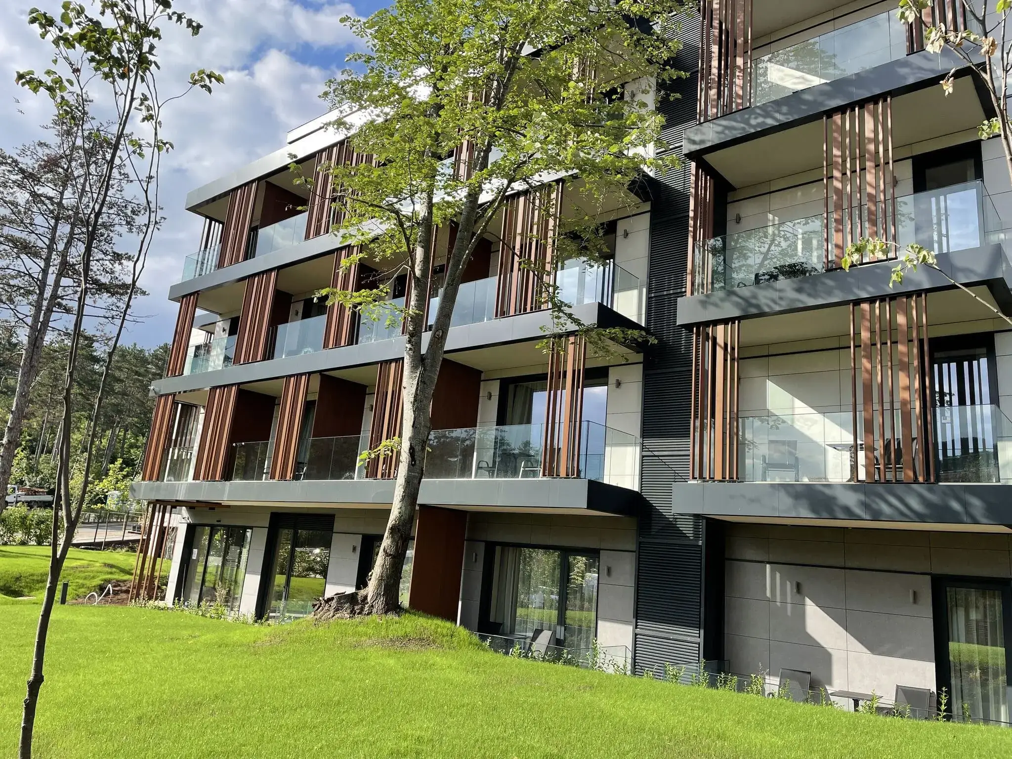 Architectural glass balcony facade on a modern residential project